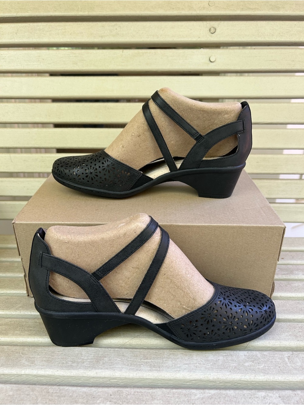 JBU Black Laser-Cut Low Heel Sandals